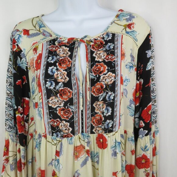 Patrons of Peace Peasant Dress Size L Floral  Boho Flowy Flounce Hem Red Black - Picture 2 of 14